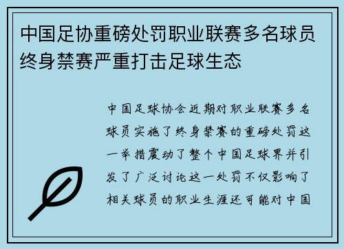 中国足协重磅处罚职业联赛多名球员终身禁赛严重打击足球生态