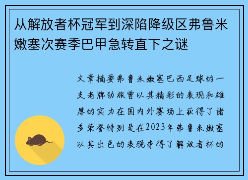 从解放者杯冠军到深陷降级区弗鲁米嫩塞次赛季巴甲急转直下之谜